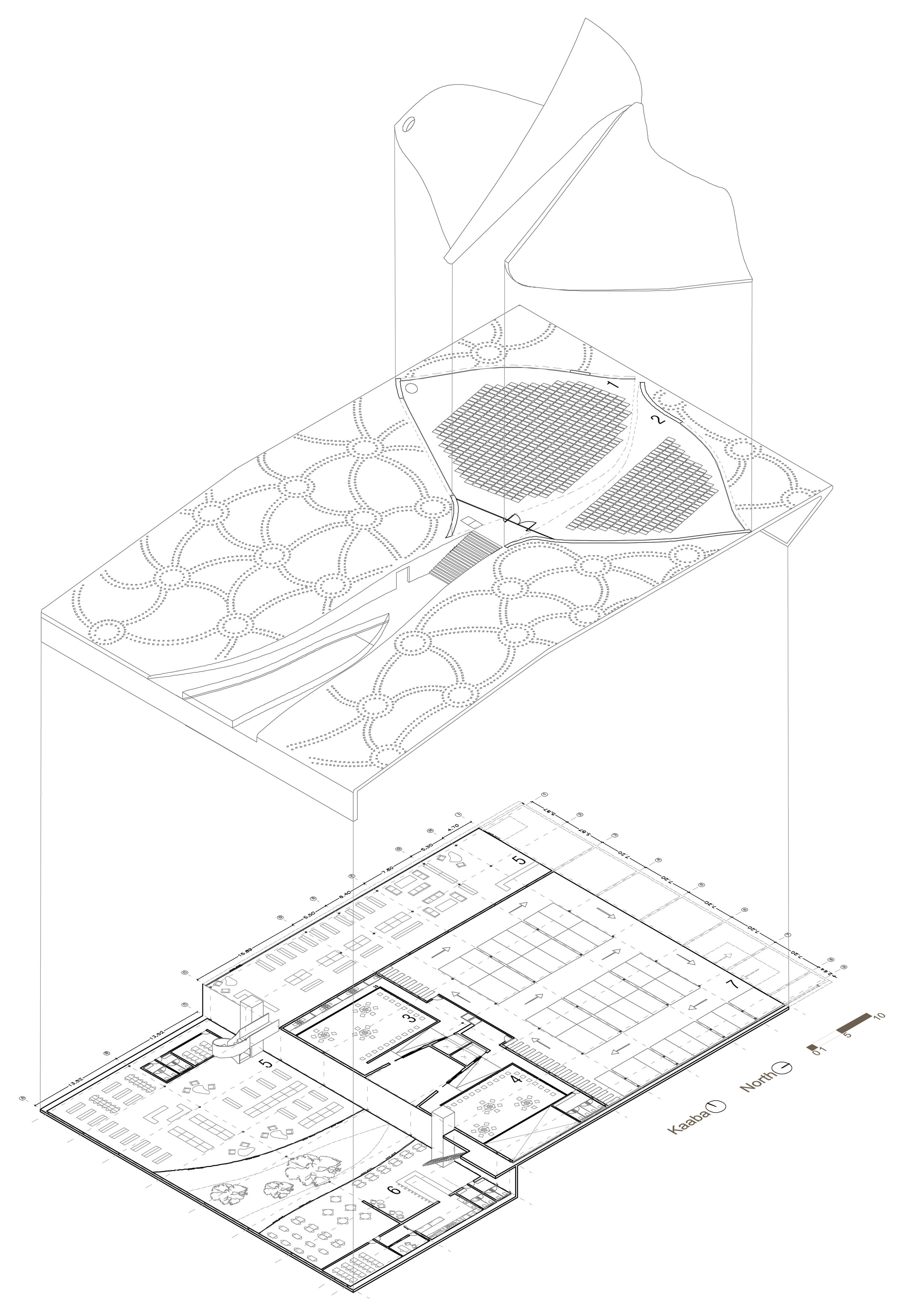 An exploded view of the Ray of Light modern mosque that explores equal access for men and women. Designed by ZEST architecture.