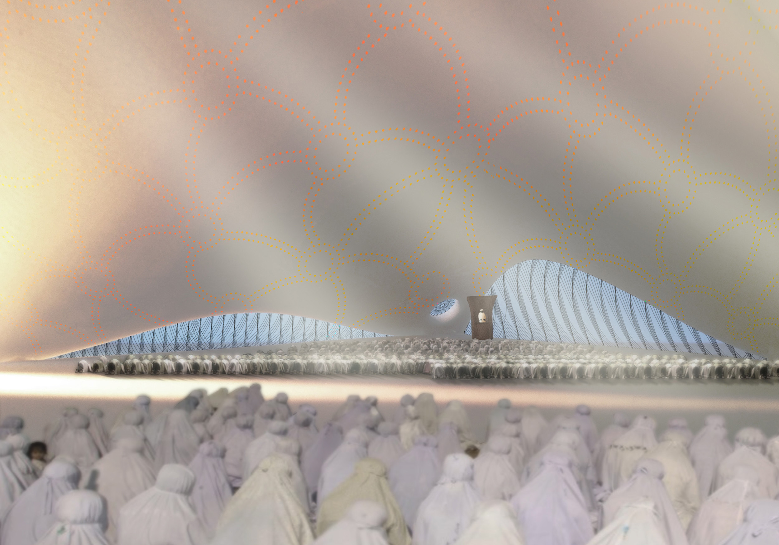 modern mosque prayer hall with ray of light dividing men and women