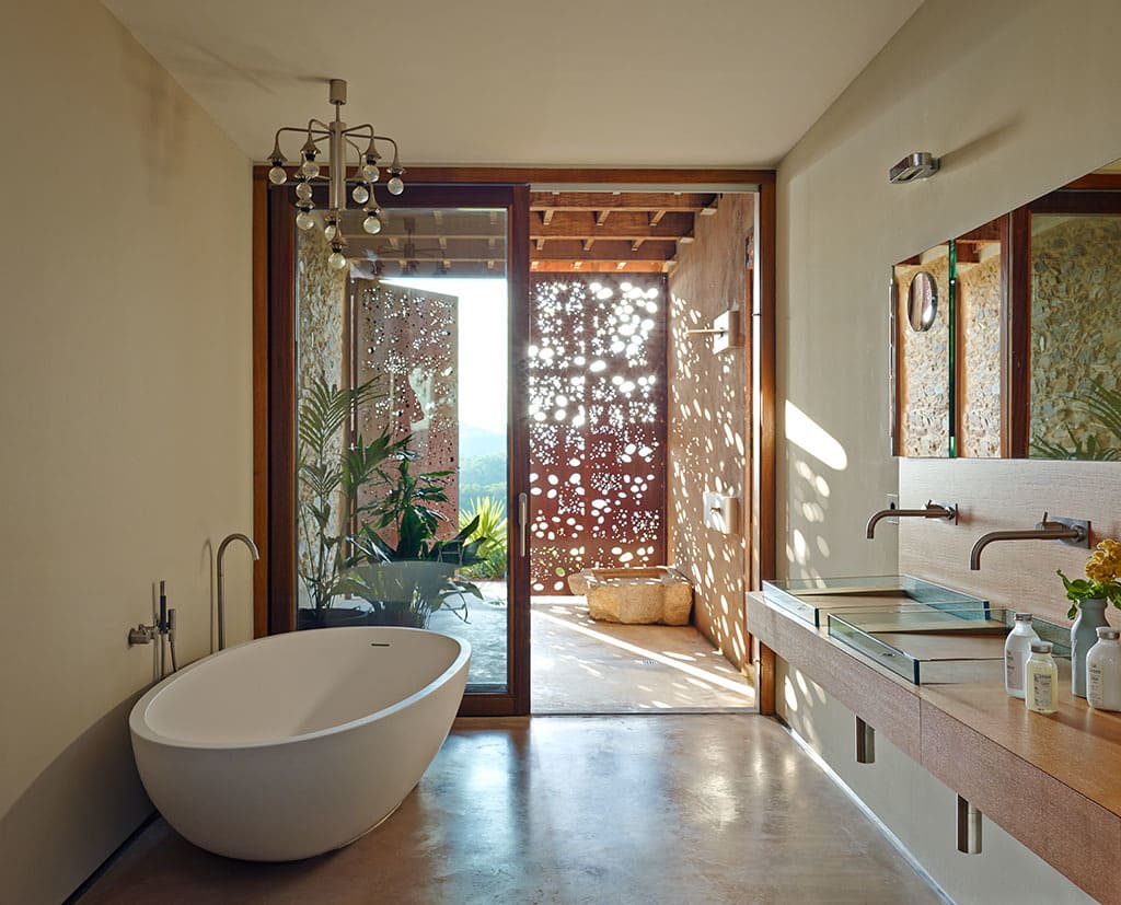 Villa CP corten steel screen in luxury master bathroom