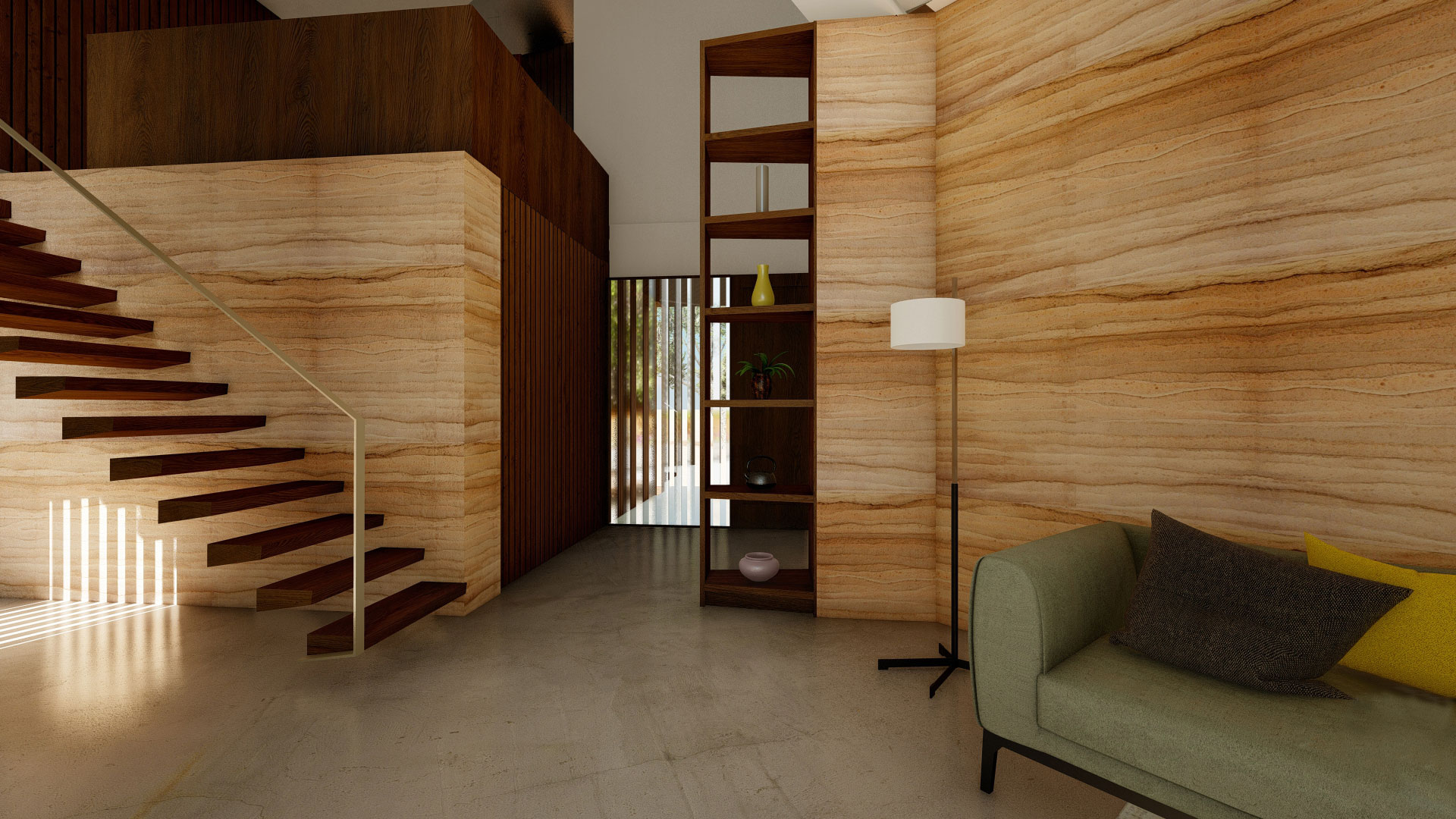 Rammed earth wall in passive house matarraña. Designed by Zest Architecture.