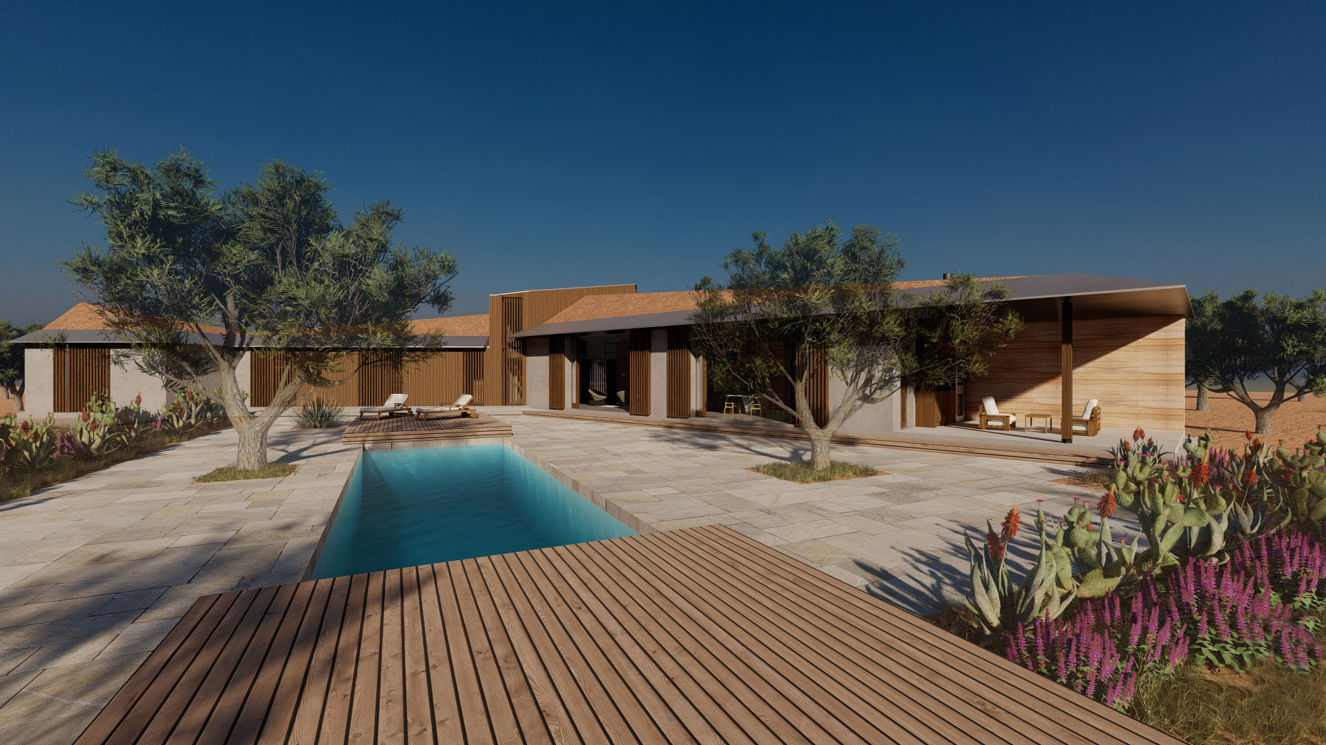 Passive House sustainable new build Spain with rammed earth wall and wood shutters