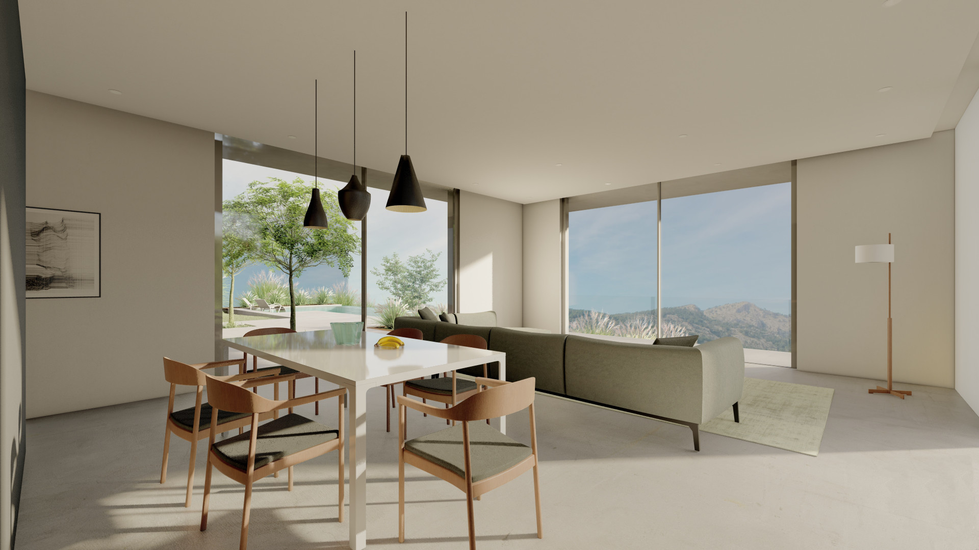 Light modern open-plan living dining room in seaside villa of Bunyola, Mallorca